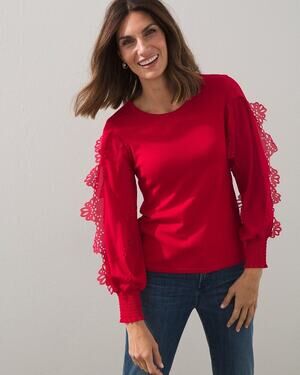 Chico's Laser Cut Applique Sleeve Red Sweater Chico's Size 2